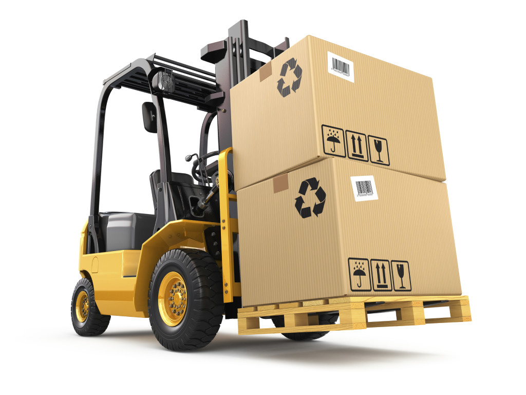 Forklift truck with boxes on pallet. Cargo. 3d